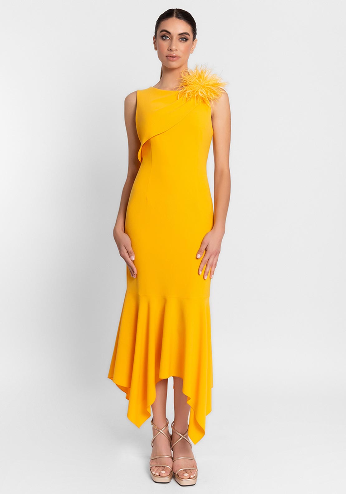 Moncho Heredia Asymmetric Feather Brooch Dress, Yellow - McElhinneys