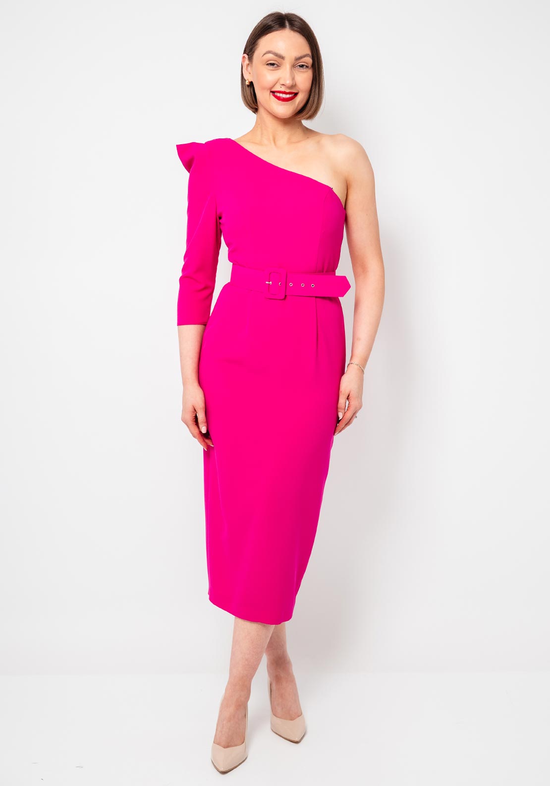 open lace back dress Moncho Heredia One Shoulder Belted Pencil Dress, Fuchsia