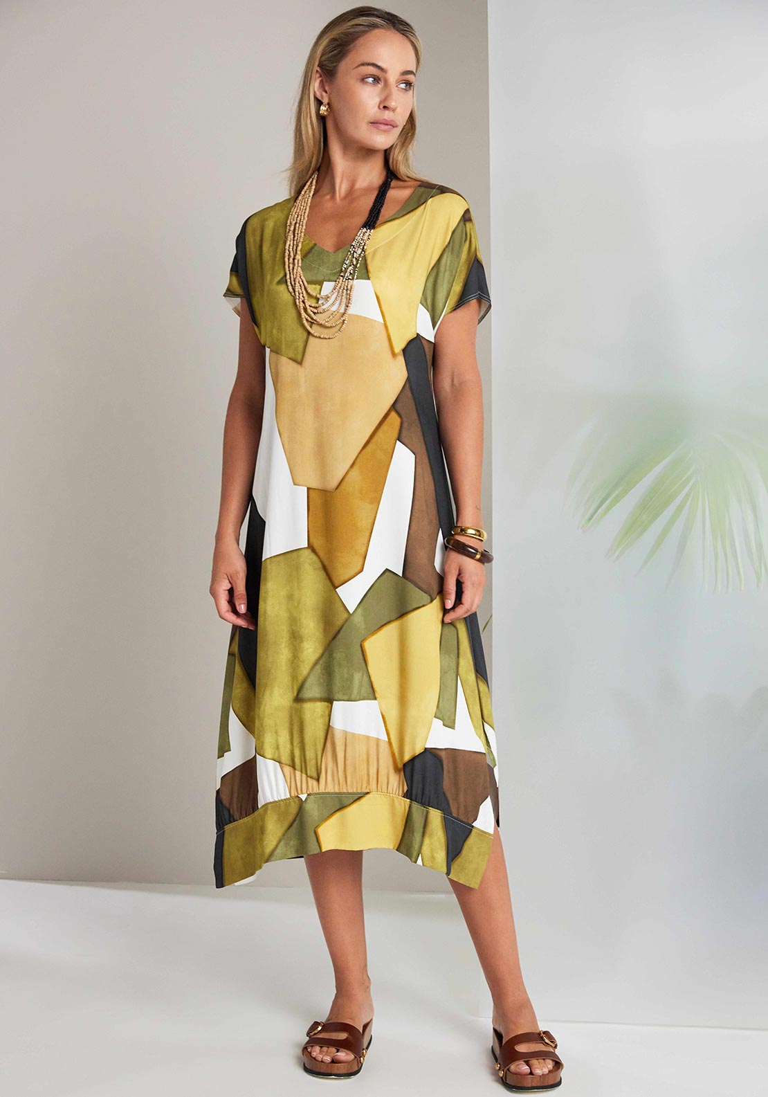 Naya Geo Pattern V Neck Midi Dress, Geen Multi