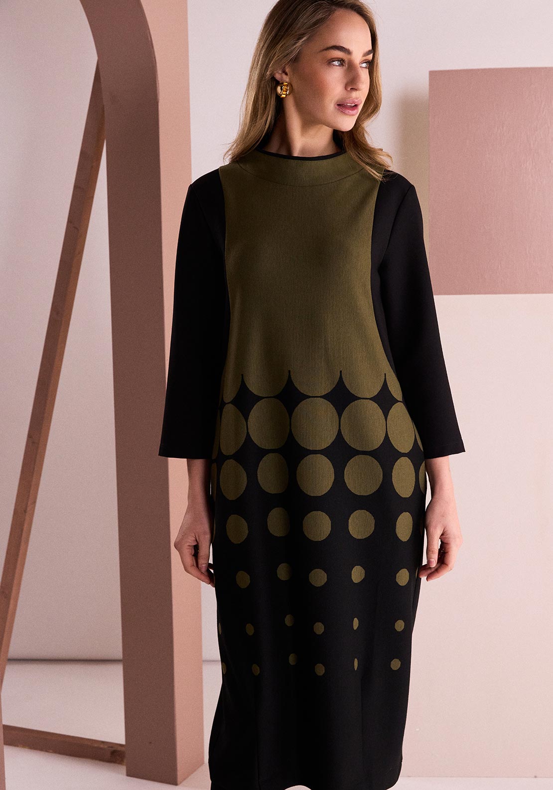 naya midi dress Geo Print Stretch Knit Dress, Green & Black spring denim midi dress 68.9”/175 cm Bust Pink Sparkly Sequin Sheath Color:OLIVE LEAF
