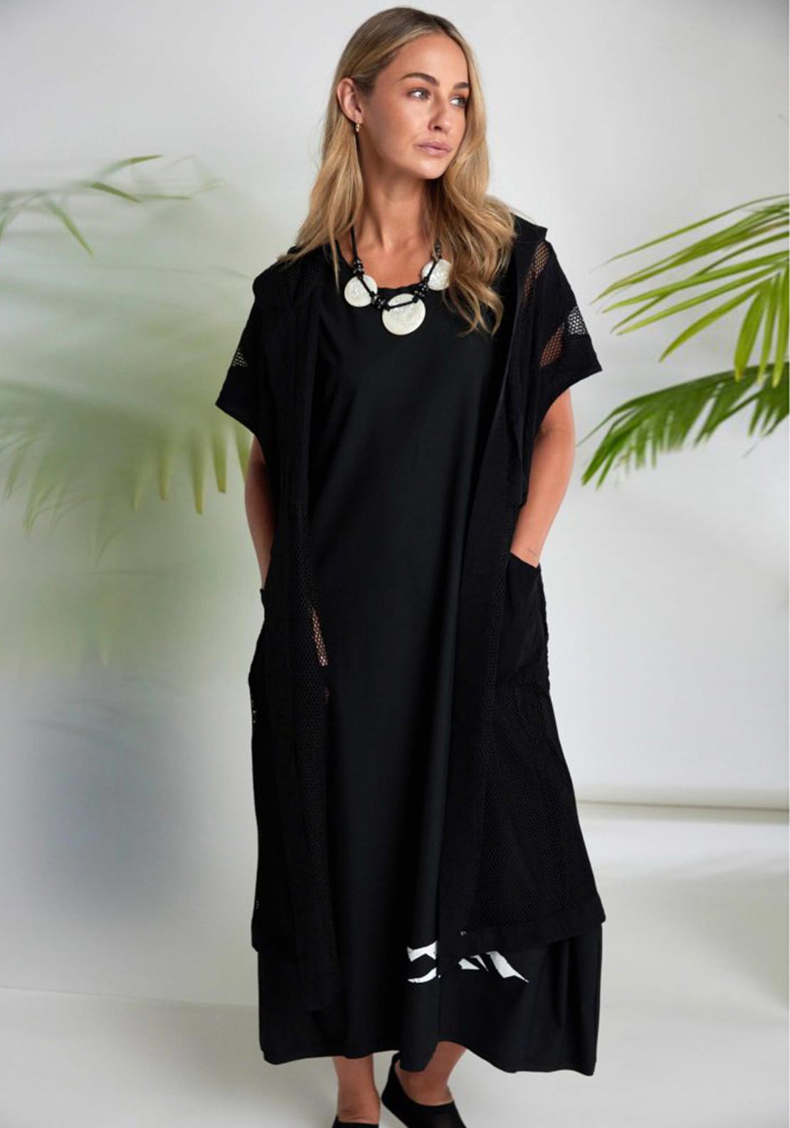 Naya Long Line Hooded With Mesh Insets Jacket, Black