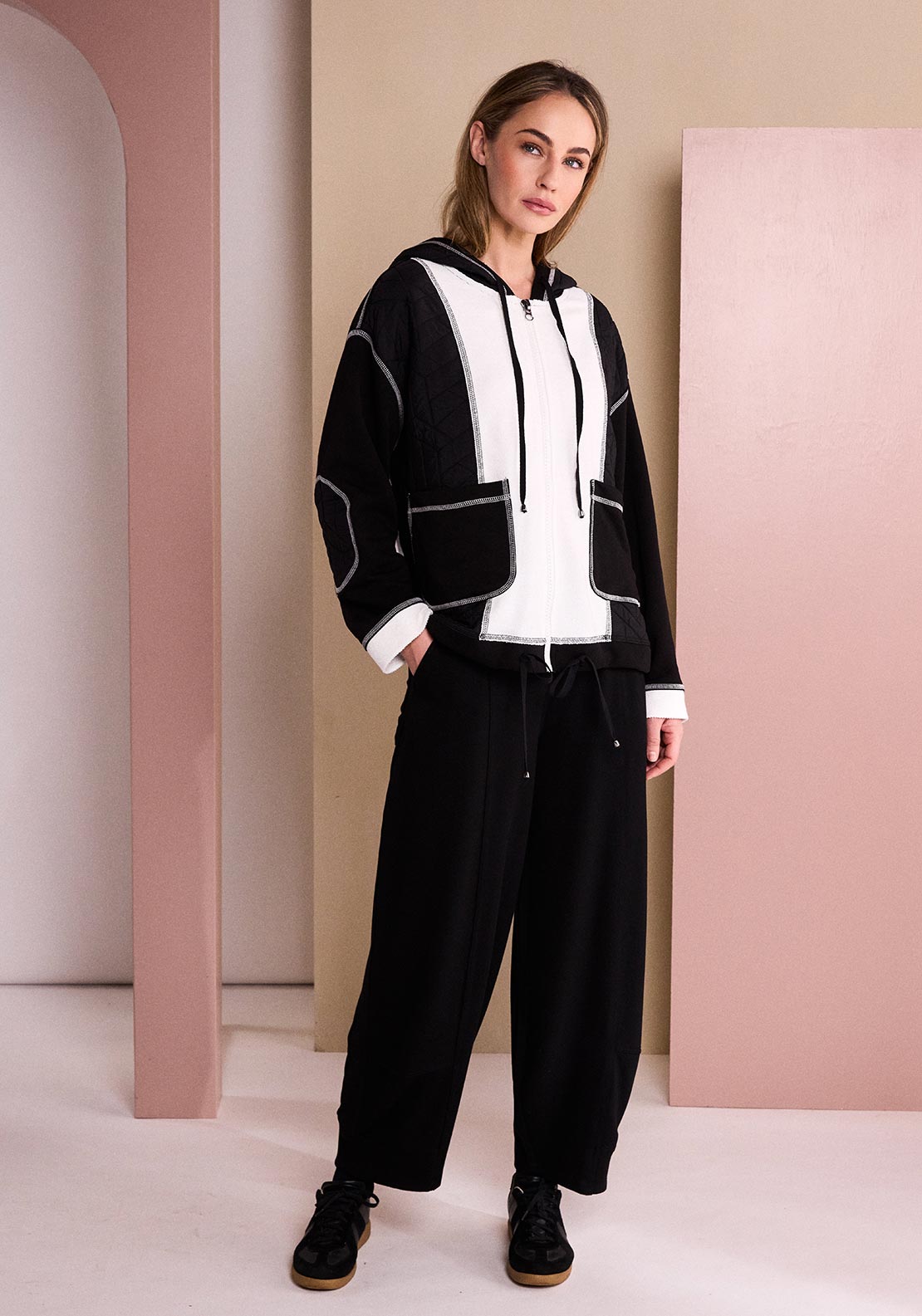 Naya Relaxed Fit Zip Up Jacket, White and Black