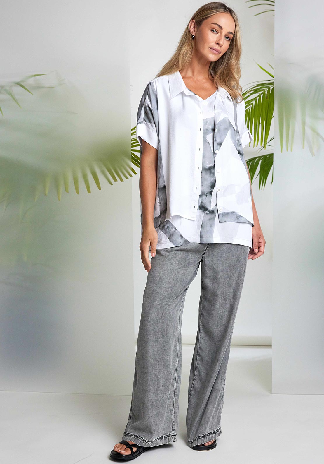 Naya Marble Effect Print Short Sleeve Shirt, Grey & White