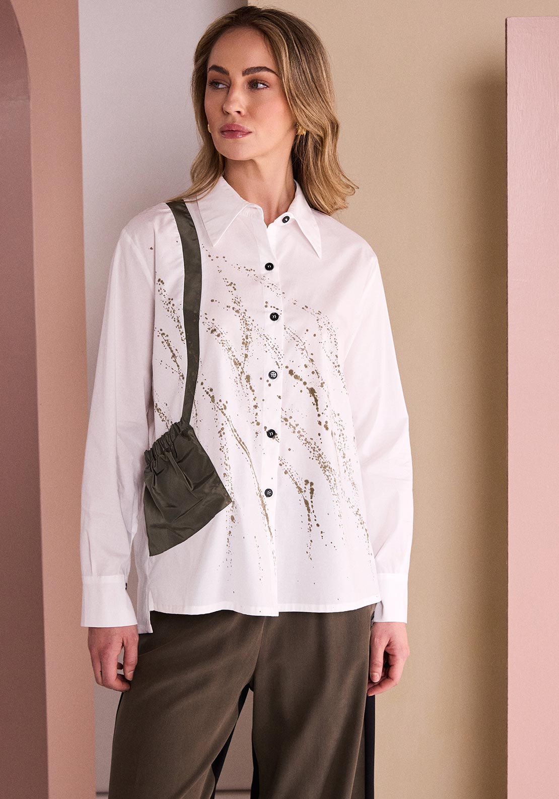 Naya Pocket Detail Splash Print Shirt, White