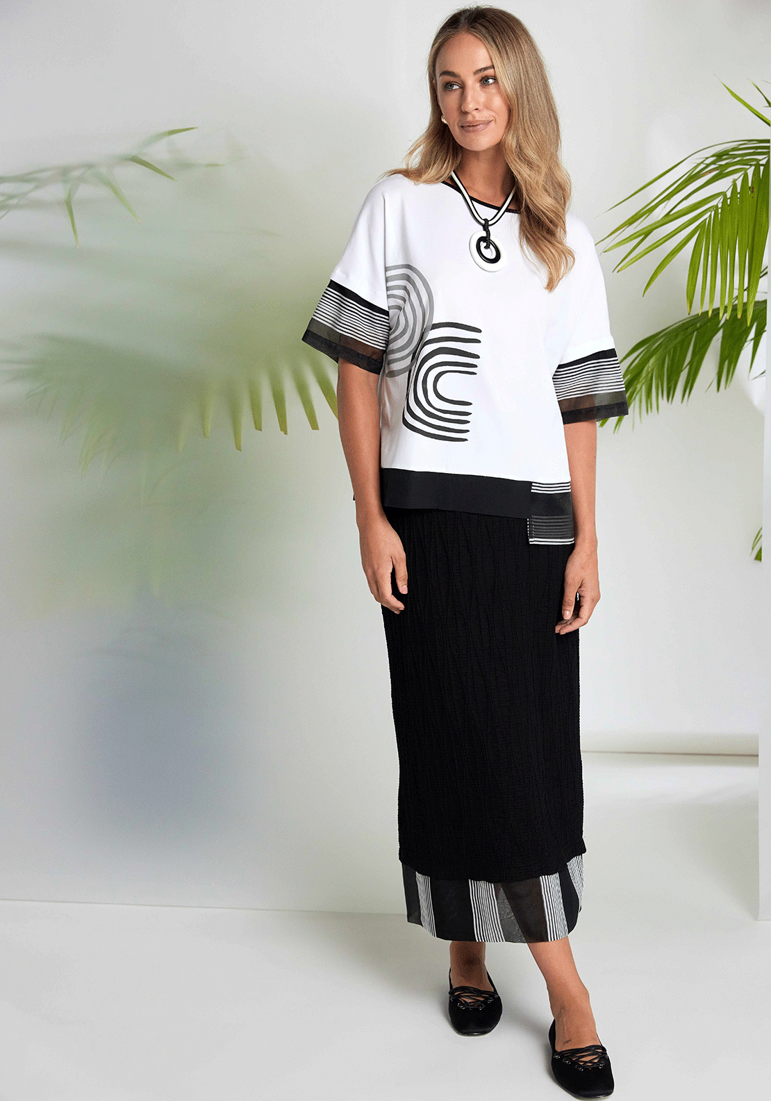 Naya Striped Hemline Midi Skirt, Black