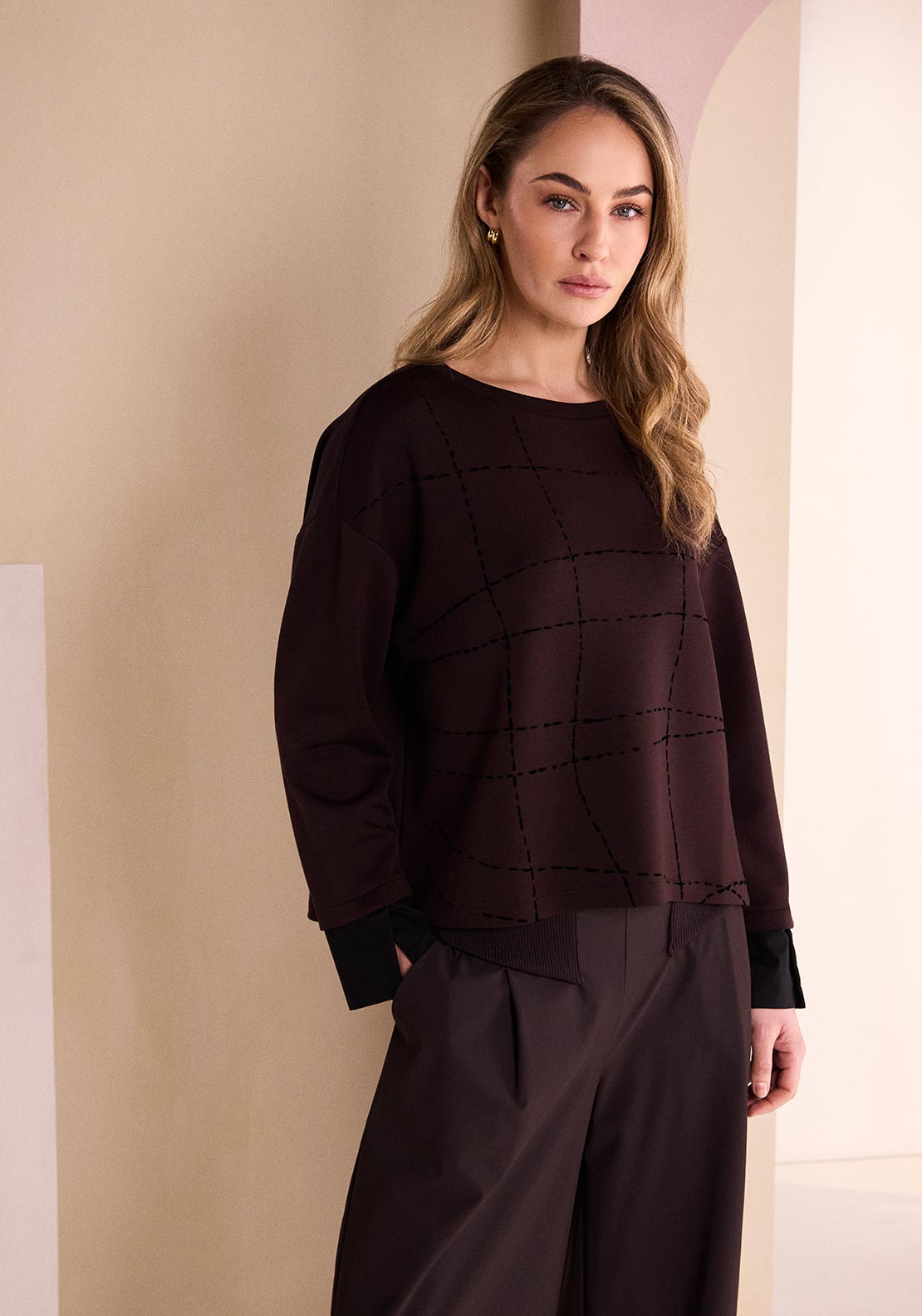 Naya Stitch Detail Relaxed Top, Brown