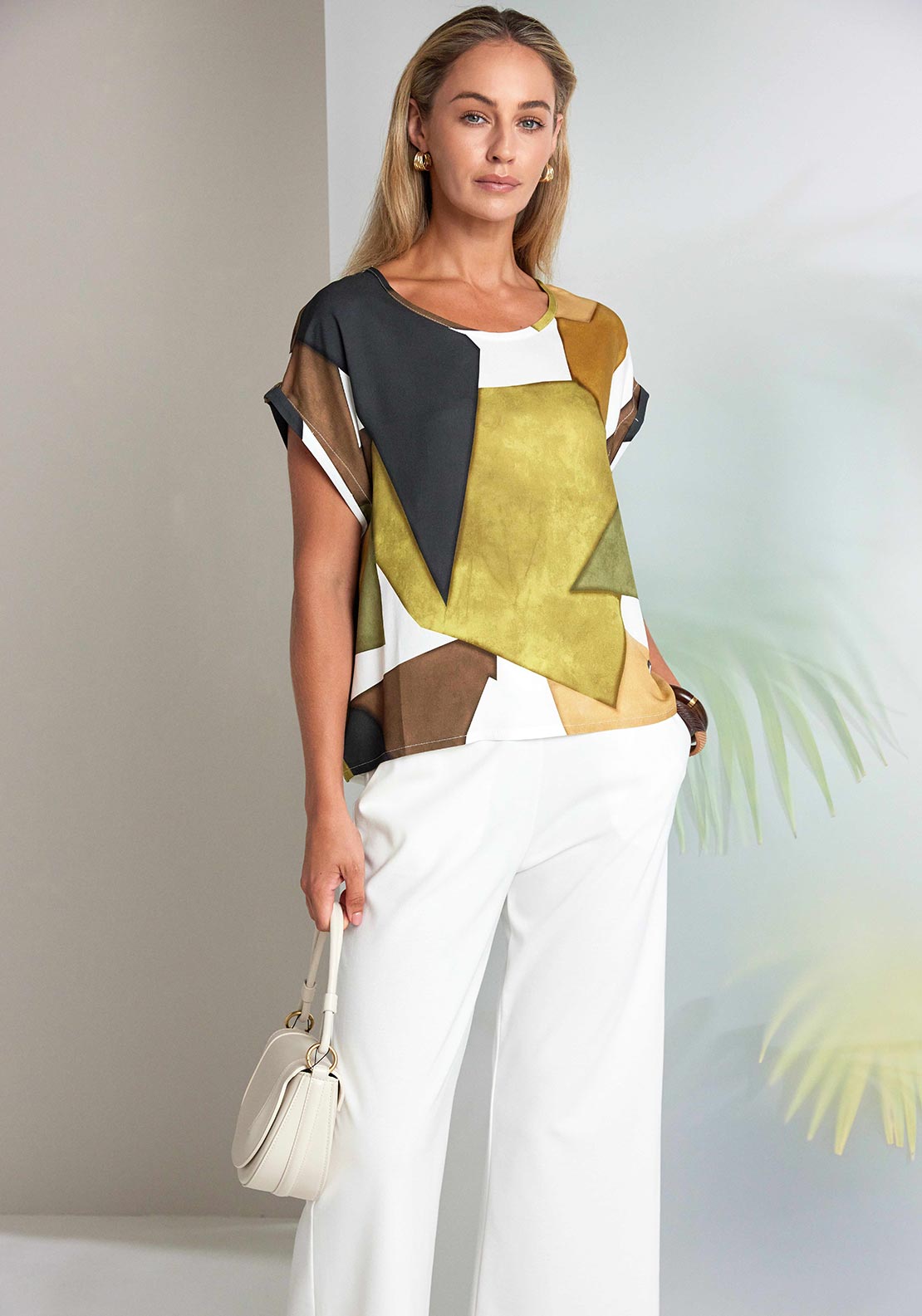 Naya Geo Pattern Short Sleeve Top, Green Multi