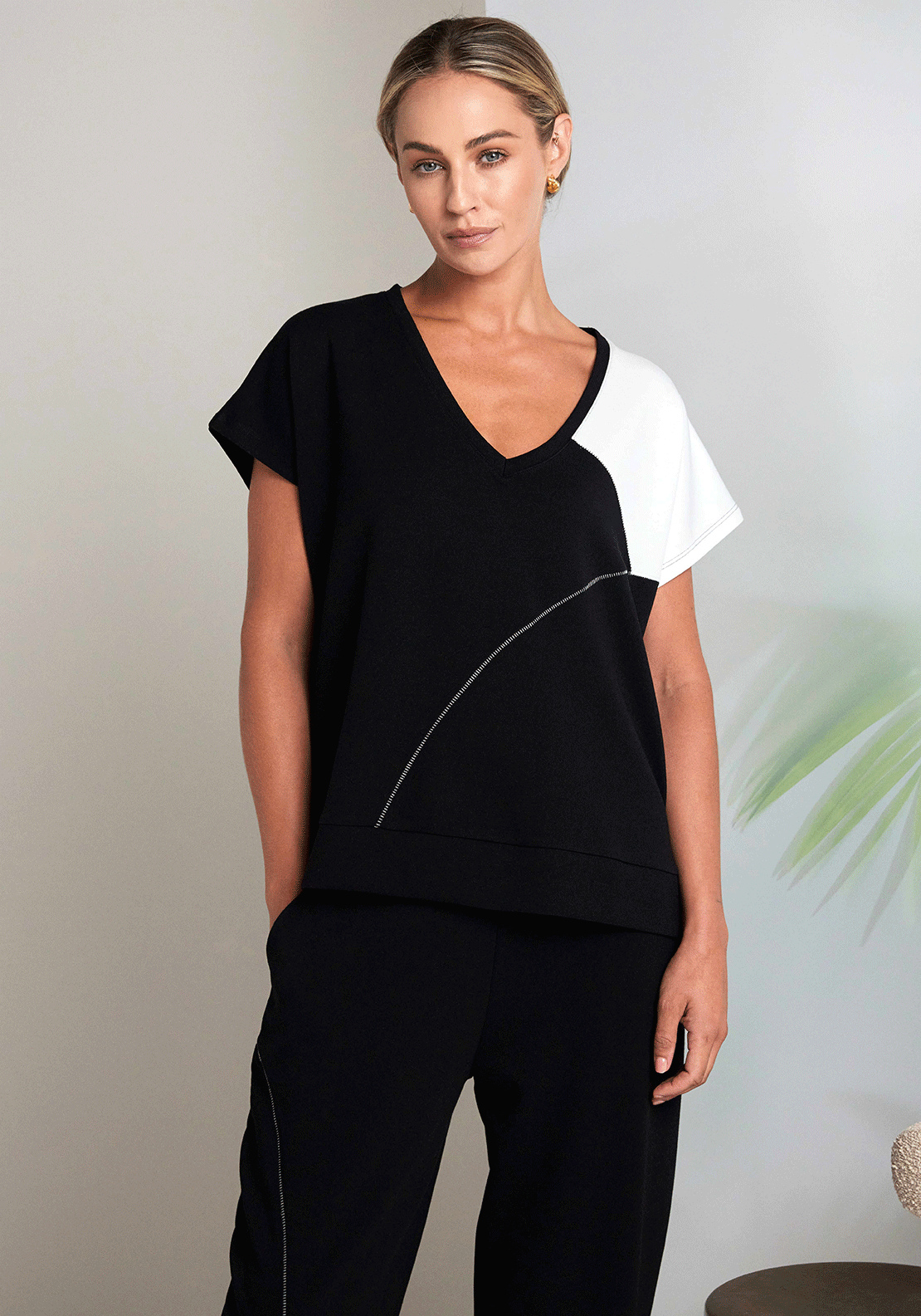 Naya Contrast Shoulder V Neck Top, Black