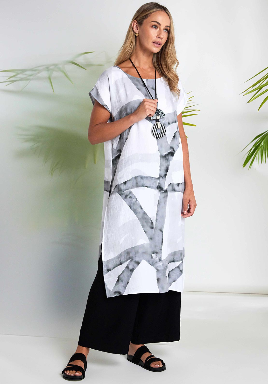 Naya Marble Effect Print Long Tunic Top, White & Grey