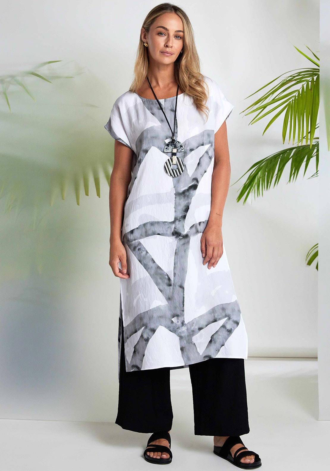 Naya Marble Effect Print Long Tunic Top, White & Grey