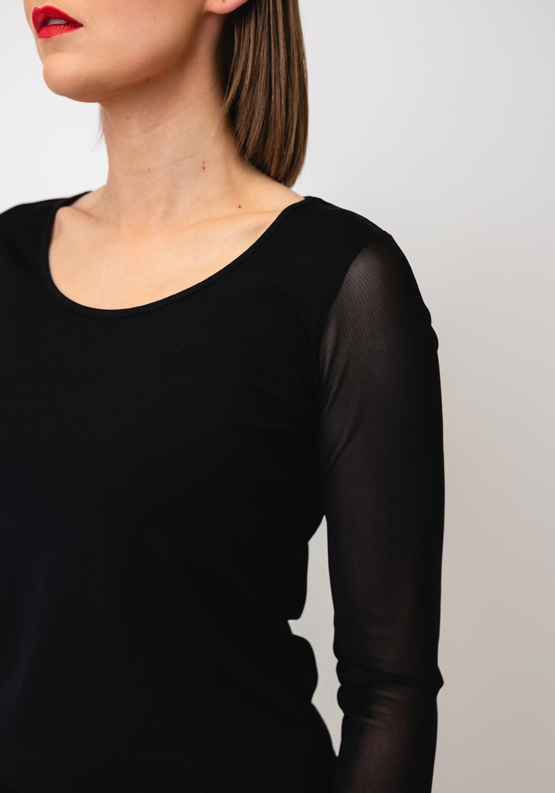 Naya Round Neck Mesh Sleeve Top, Black