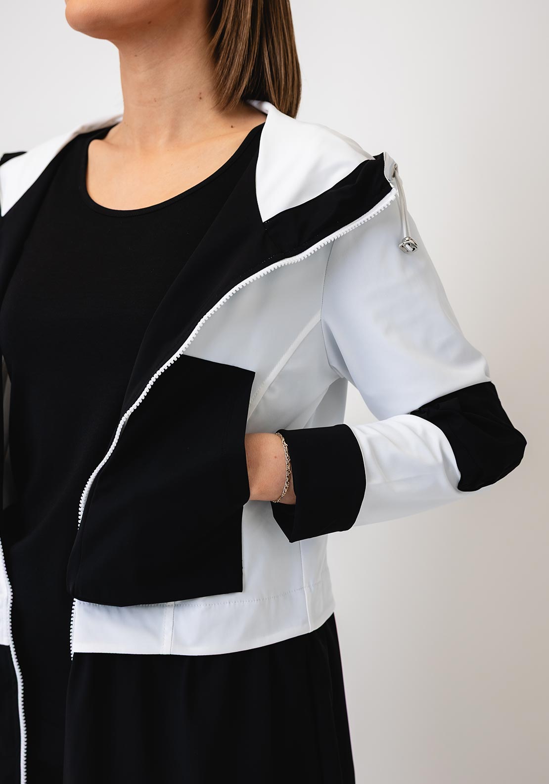 Naya Contrasting Drawstring Hooded Jacket, Black & White