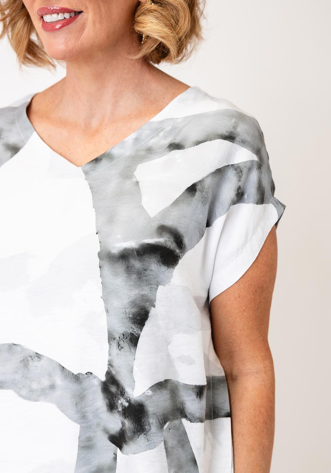 Naya Marble Effect Print V Neck Top, Grey & White