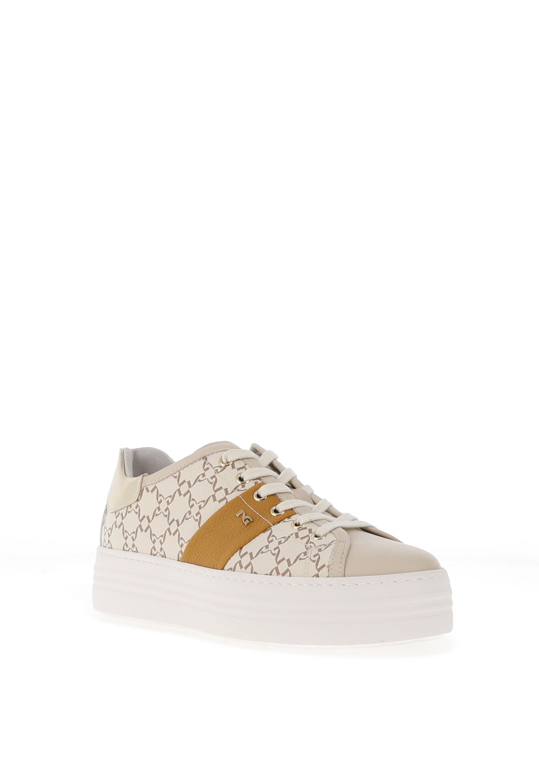 Nero Giardini Leather Printed Laced Trainers, Beige & Yellow