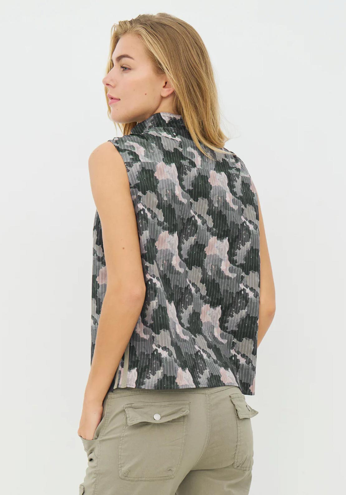 NU Denmark Claire Army Print Zip Neck Top, Grey