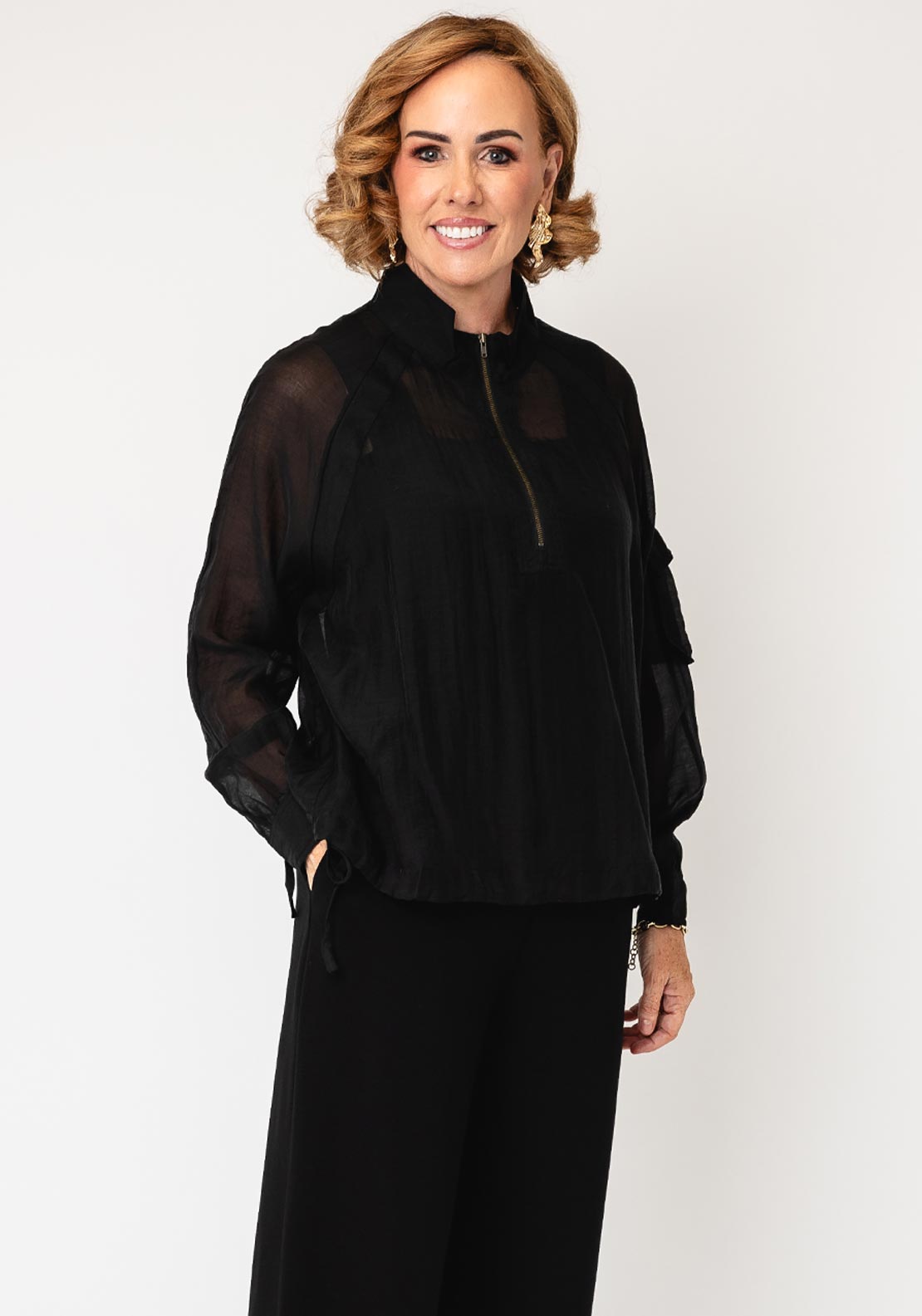 Nu Denmark Edith Lightweight Semi Sheer Zip Top, Black