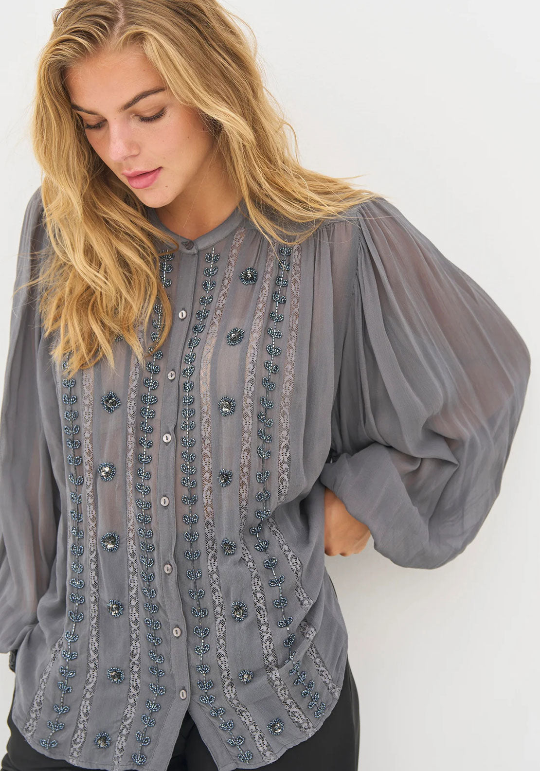Nu Denmark Bea Beaded Embellished Shirt, Grey