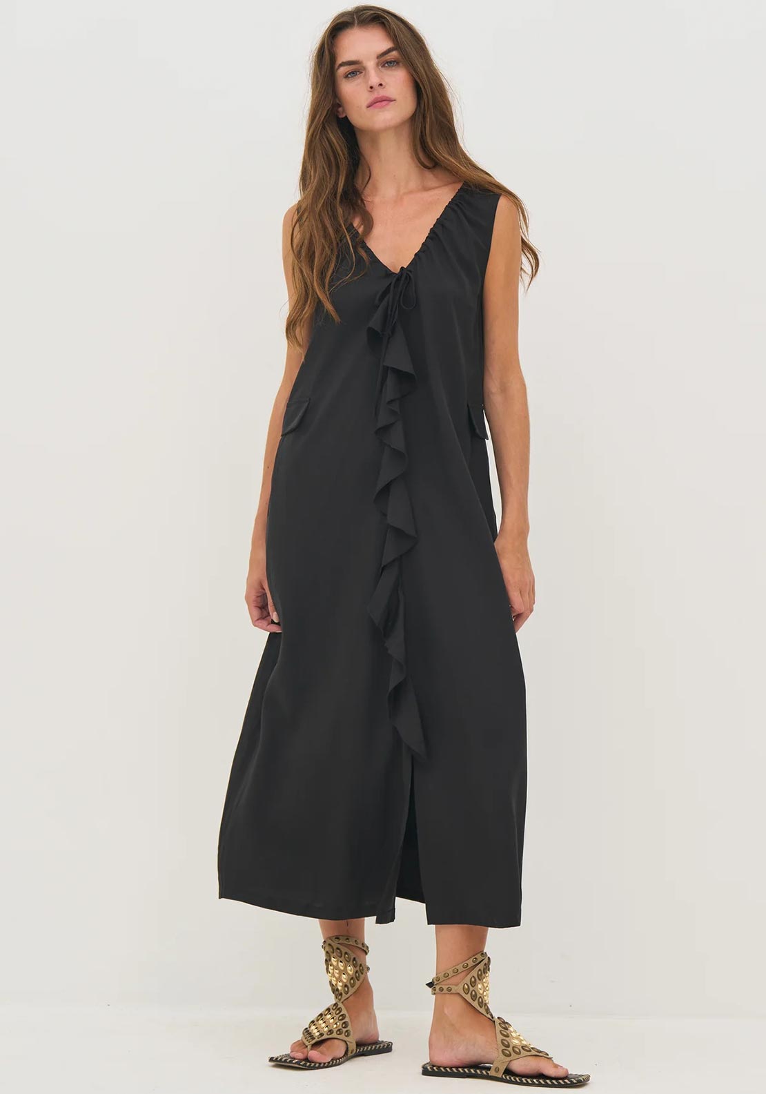 Nu Denmark Devin Frill V Neck Maxi Dress, Black - McElhinneys