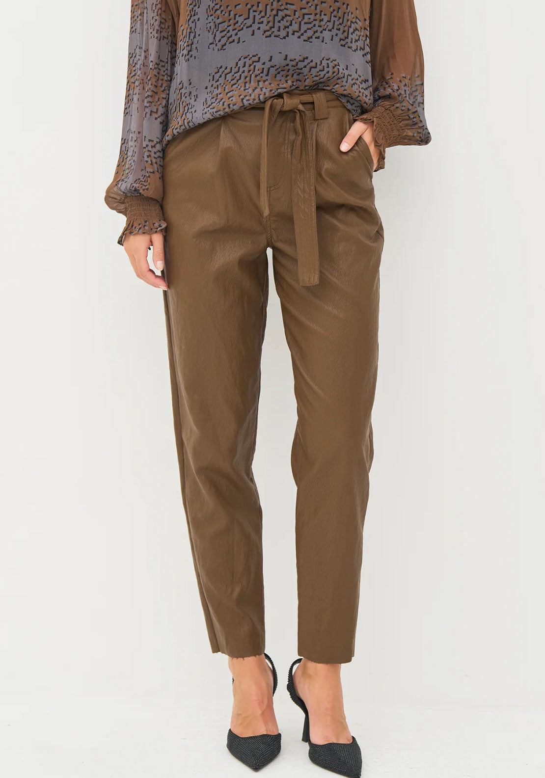 Nu Denmark Bella Faux Leather Trousers, Brown