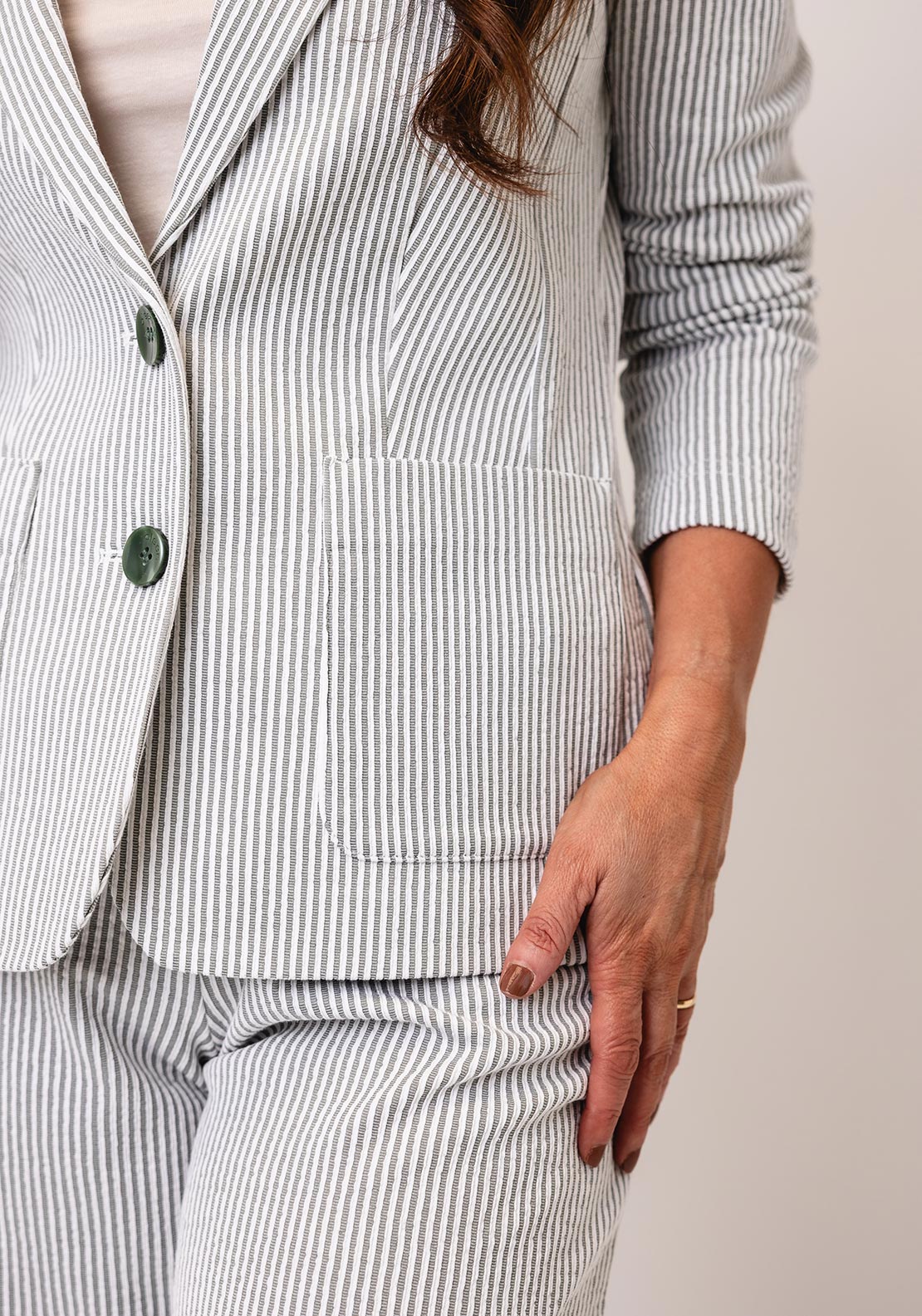 Olsen Striped Single Breasted Blazer, Green and White