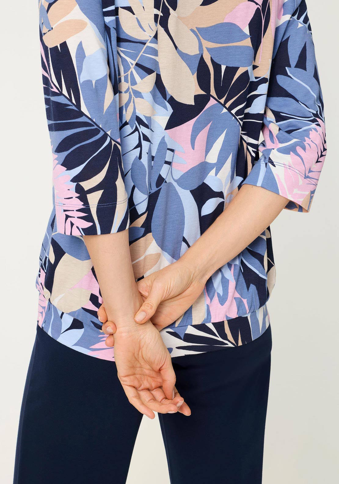 Olsen V-Neck Leaf Print Cotton Blouse, Blue