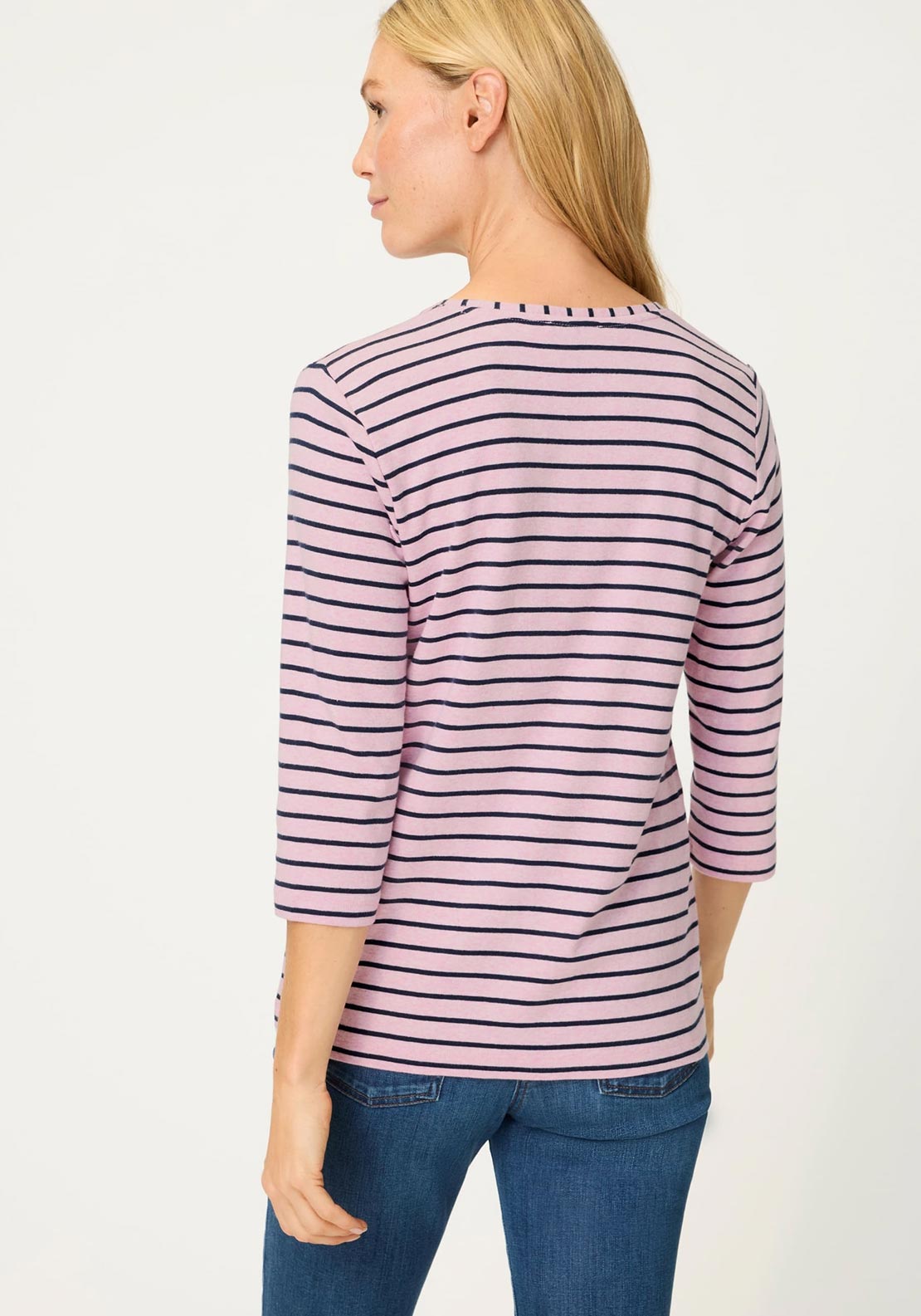 Olsen Striped Round Neck Cotton Top, Pink