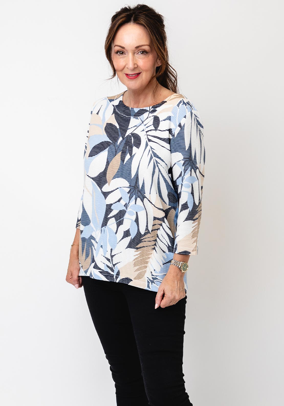 Olsen Leaf Print Textured Top, Blue