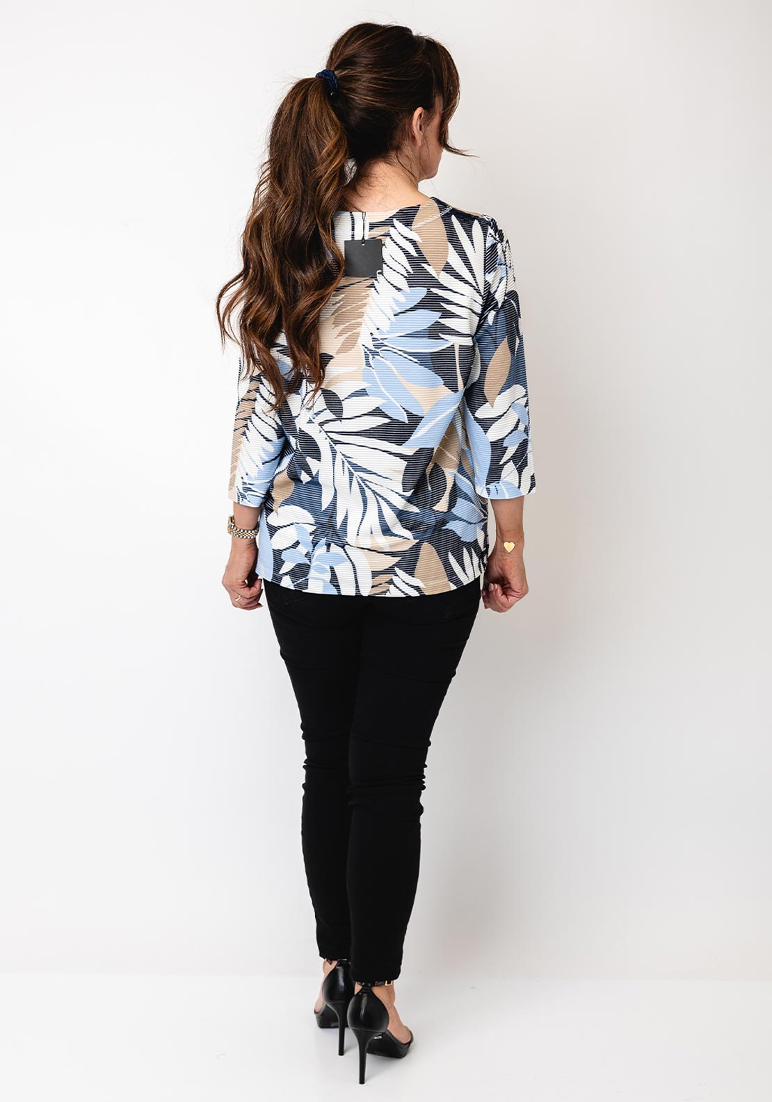 Olsen Leaf Print Textured Top, Blue