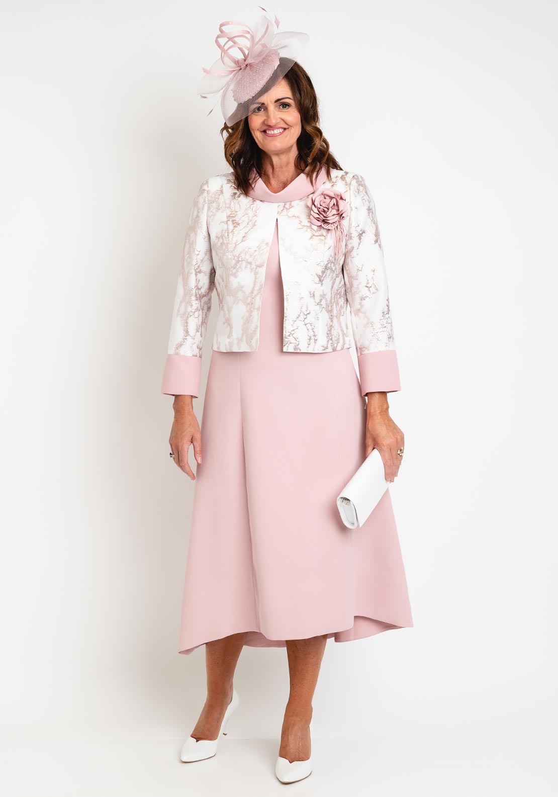 Ophelia Melita Embossed Overlayer Jacket and Midi Dress Set, Blush Pin