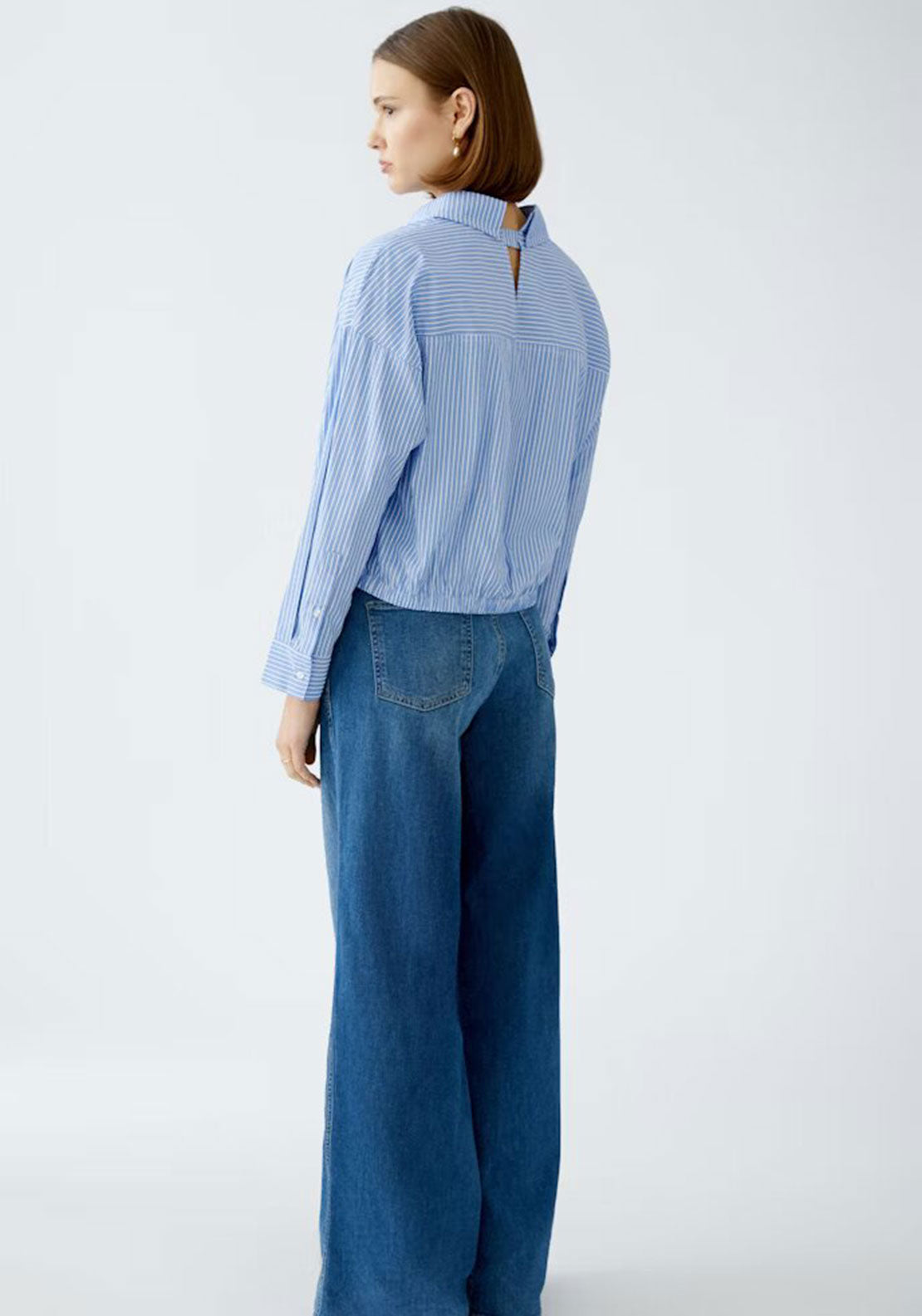Oui Cropped Elasticated Striped Shirt, Blue