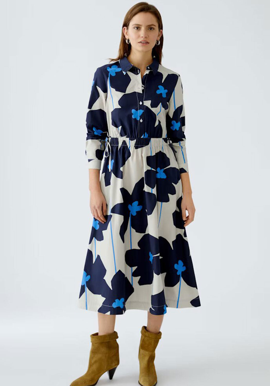Oui Floral Elasticated Waist Midi Shirt Dress, Navy - McElhinneys Oui Floral Elasticated Waist Midi Shirt Dress, Navy - McElhinneys