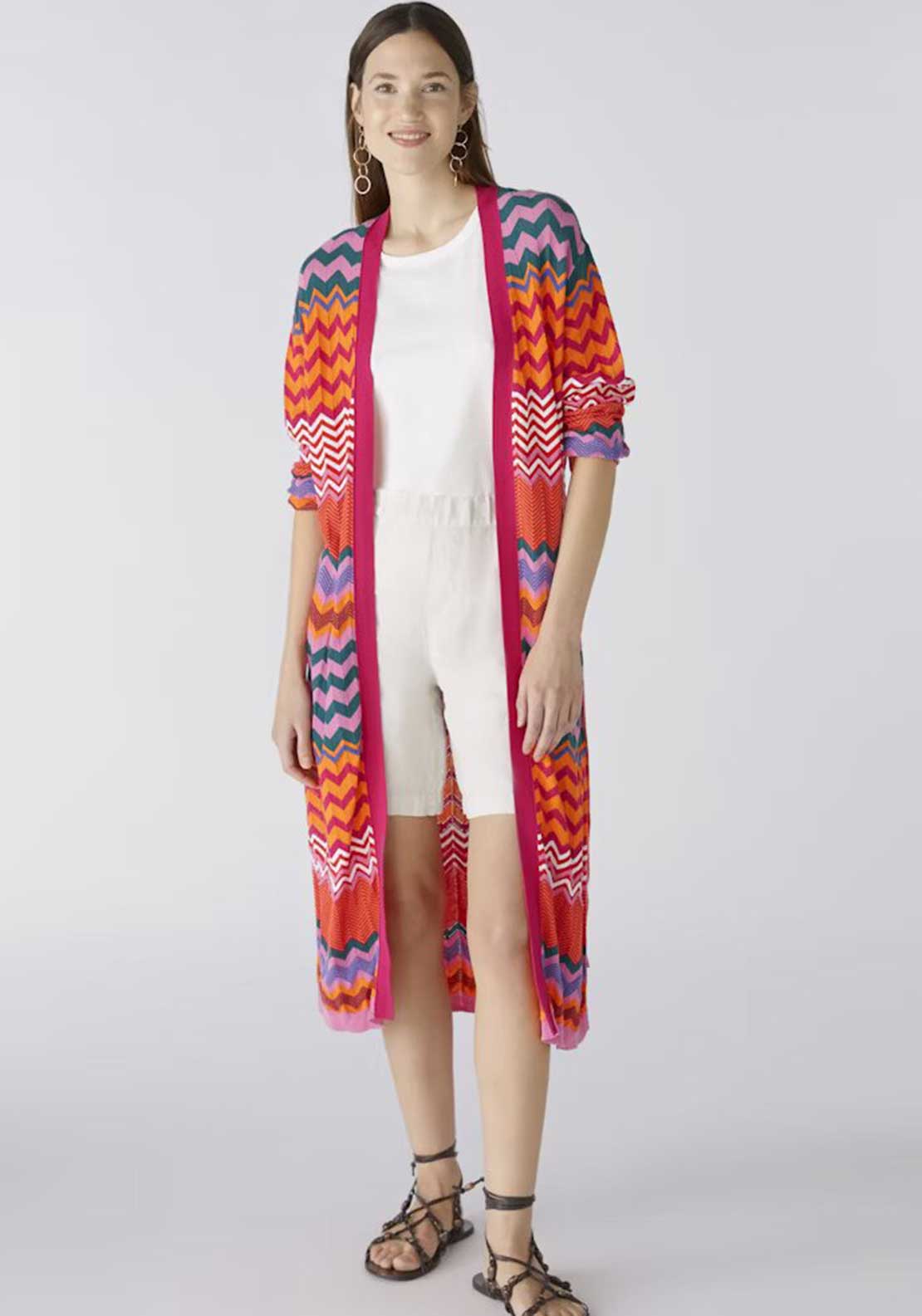 Oui Chevron Striped Open Knit Cardigan, Pink Orange McElhinneys