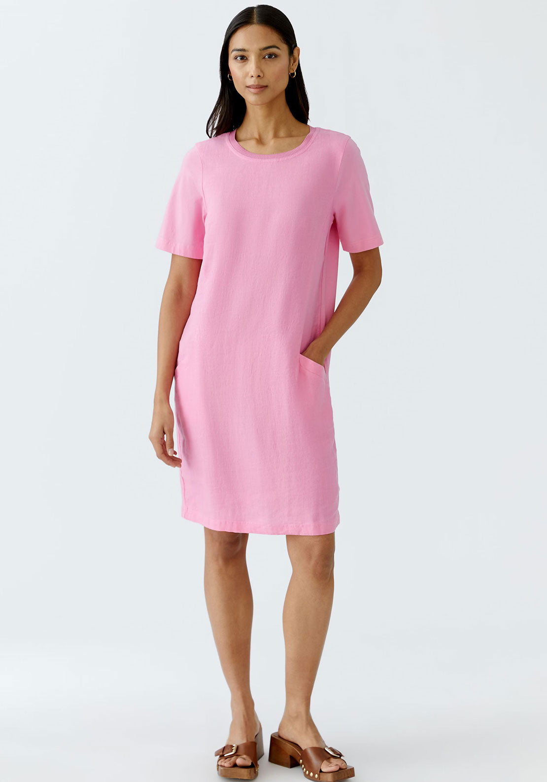 Oui Ribbed Neck Linen Dress, Pink