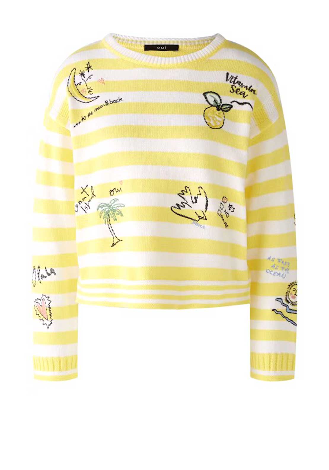 Oui Striped Embroidered Cotton Jumper, Yellow - Main Image