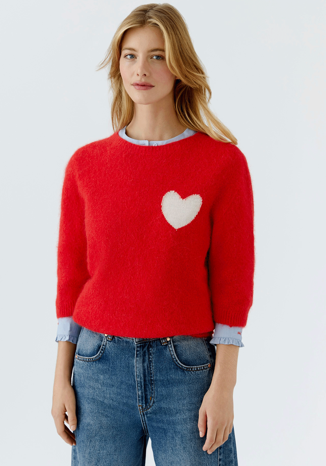 Oui Heart Alpaca Blend Short Sleeve Sweater, Red