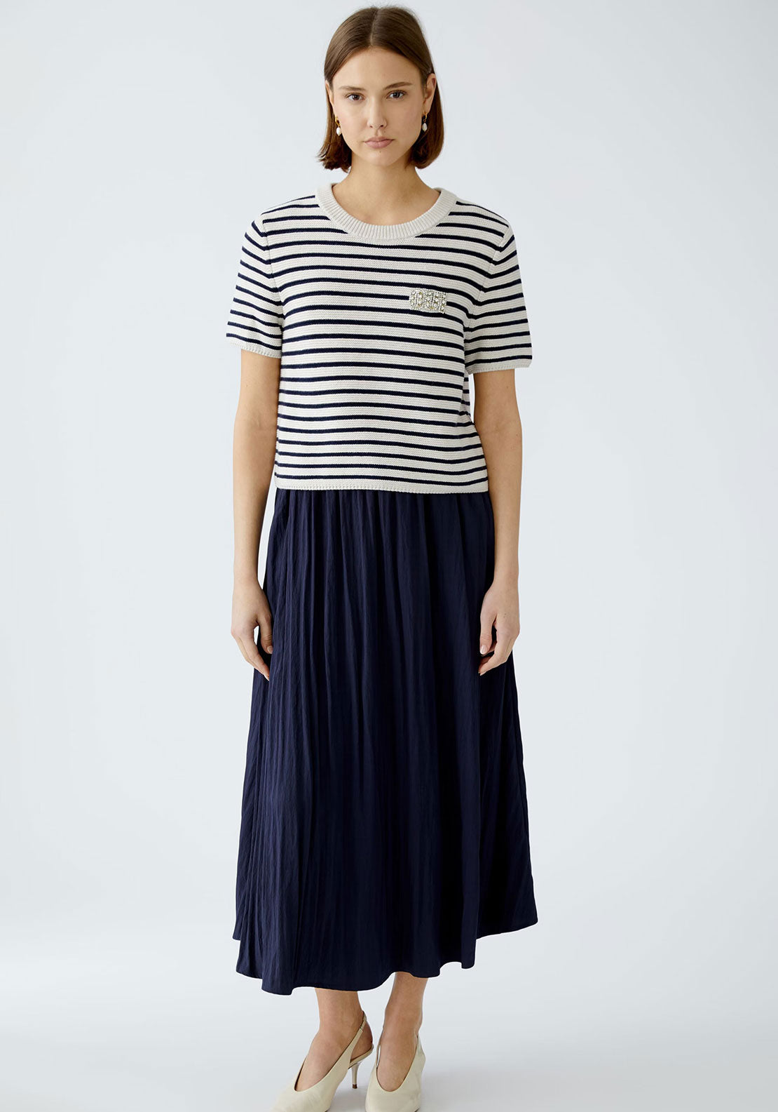 Oui Striped Embellished Short Sleeve Jumper, White and Navy