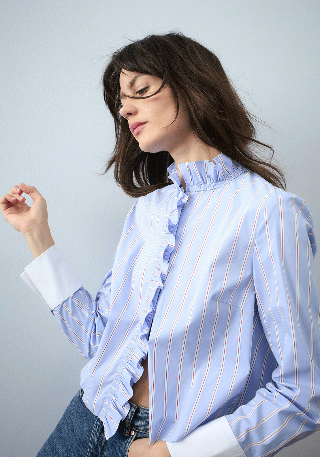 Oui Striped Ruffle Neck Shirt, Blue
