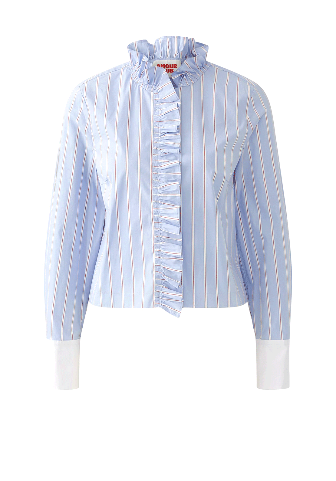 Oui Striped Ruffle Neck Shirt, Blue