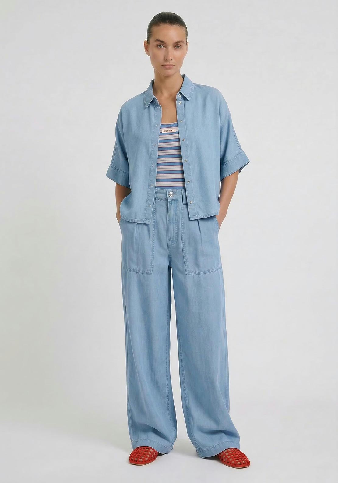 Oui Snap Button Shirt, Light Blue Denim