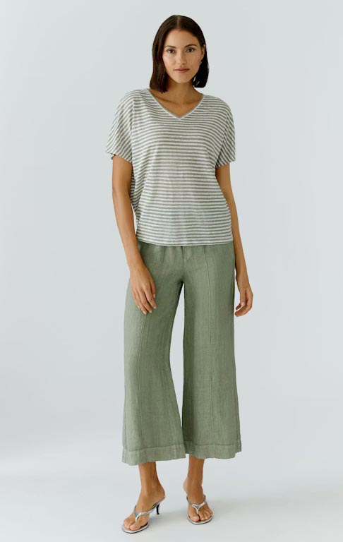 Oui Linen 7/8 Wide Leg Trousers, Green