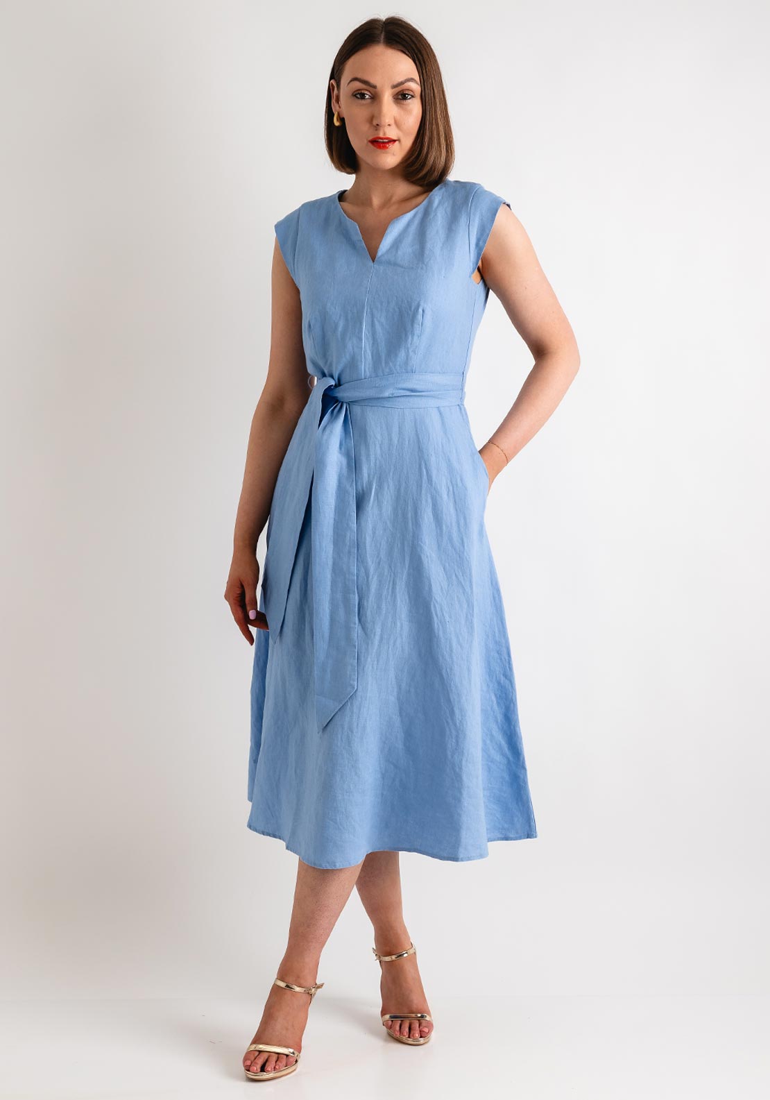 Oui Linen Cotton Fit and Flare Midi Dress, Light Blue