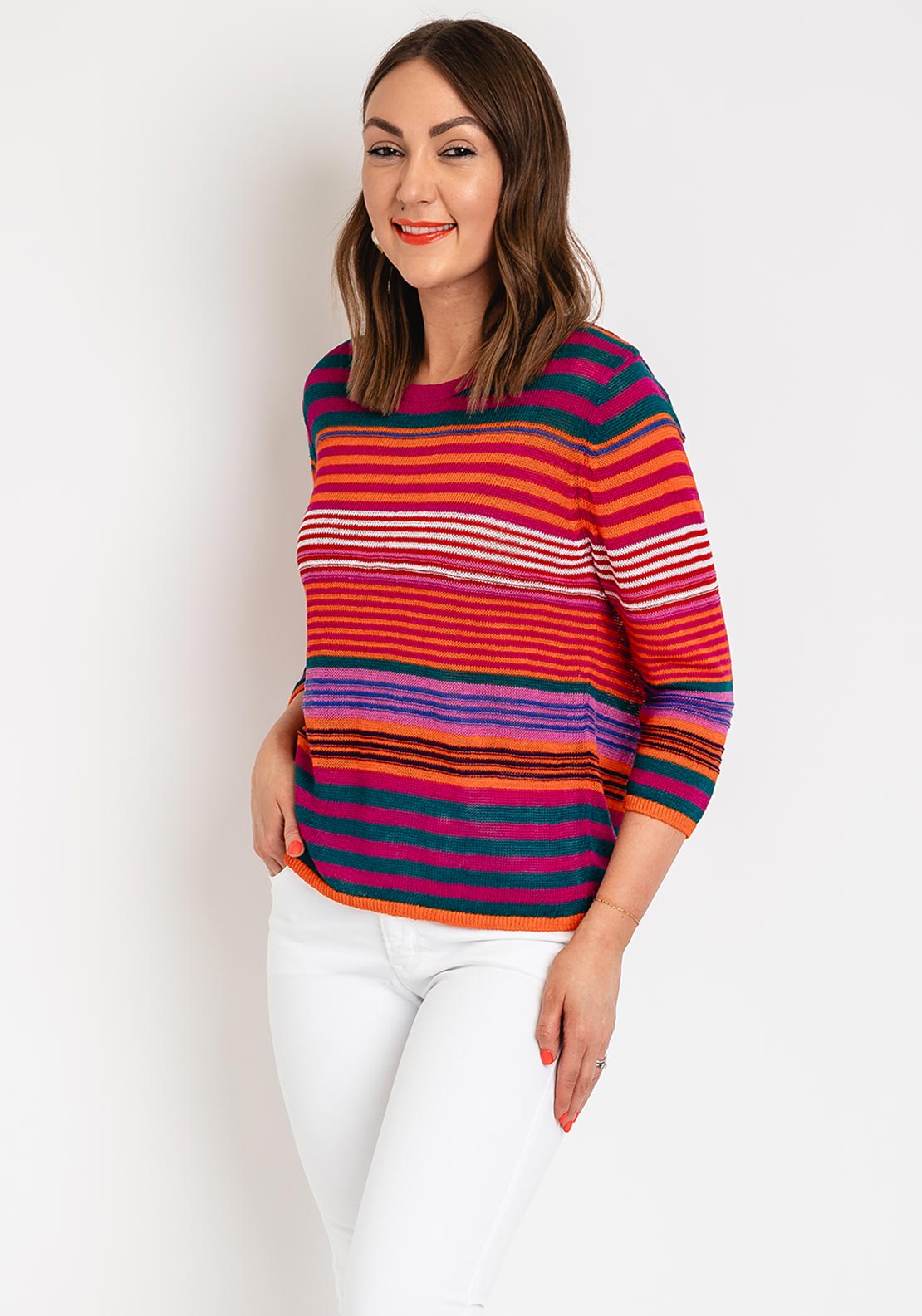 Oui Striped Liene Knit Jumper, Pink Multi McElhinneys