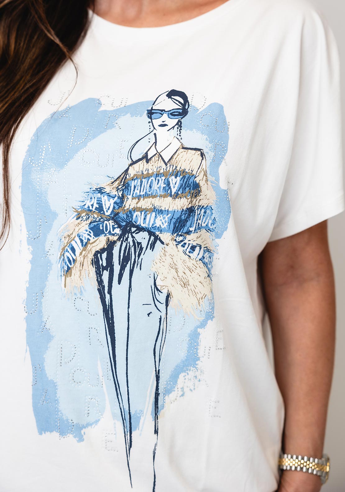 Oui Rhinestone Embellished Graphic T Shirt, White