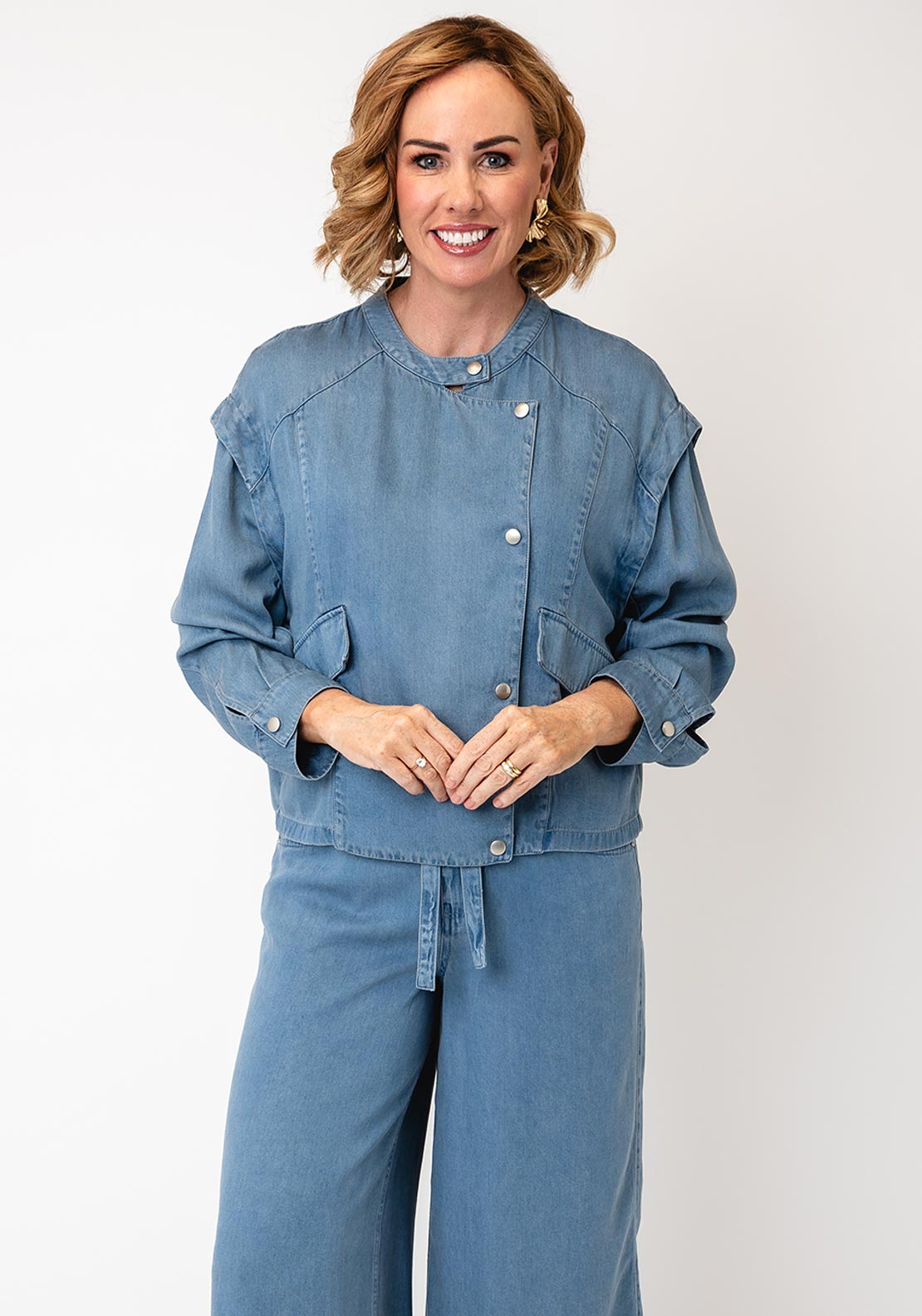 Oui Denim Look Button Down Jacket, Blue