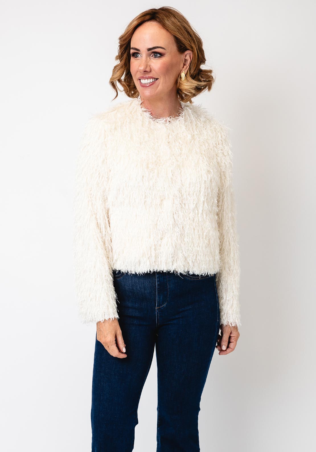 Oui Shaggy Textured Cardigan, White