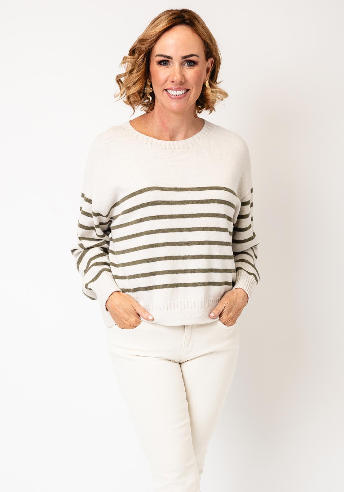 Oui Striped Knit Round Neck Jumper, Beige & Green