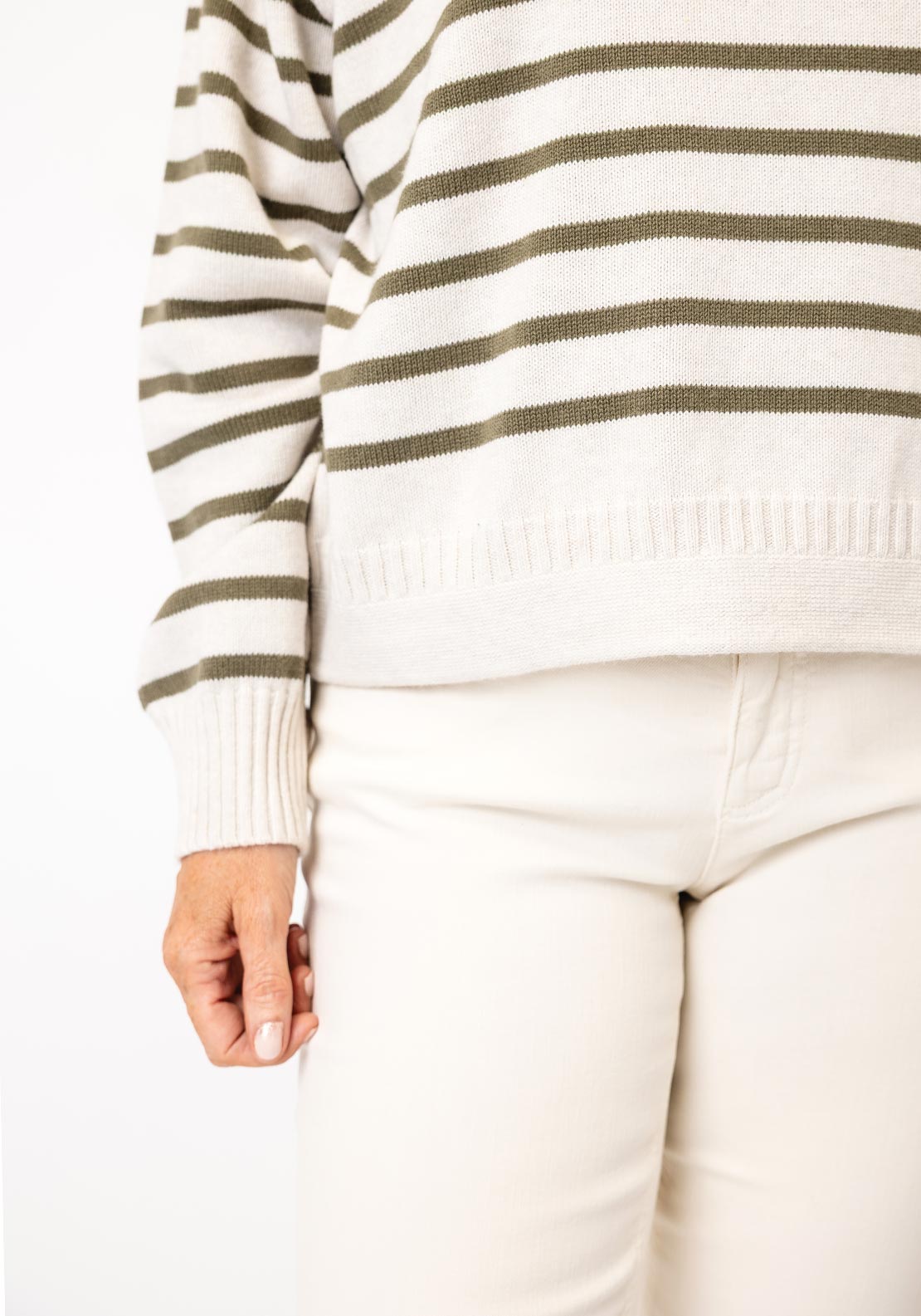 Oui Striped Knit Round Neck Jumper, Beige & Green