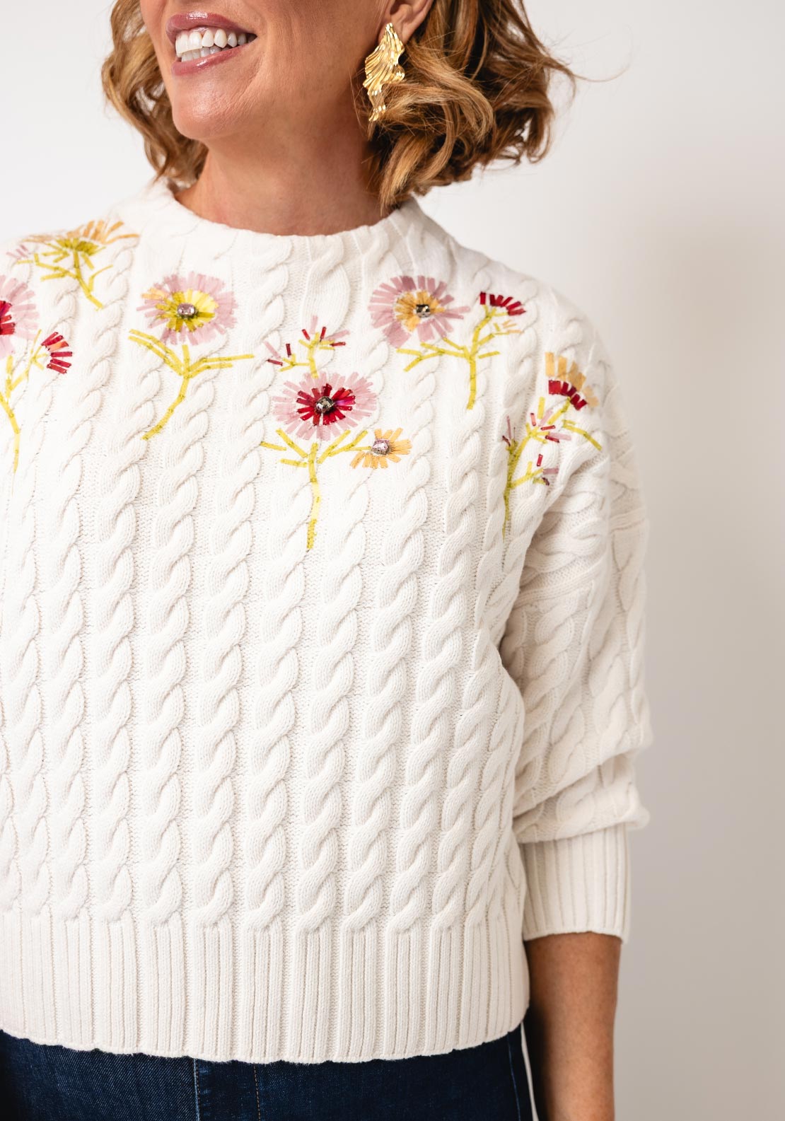 Oui Floral Design Crew Neck Jumper, White