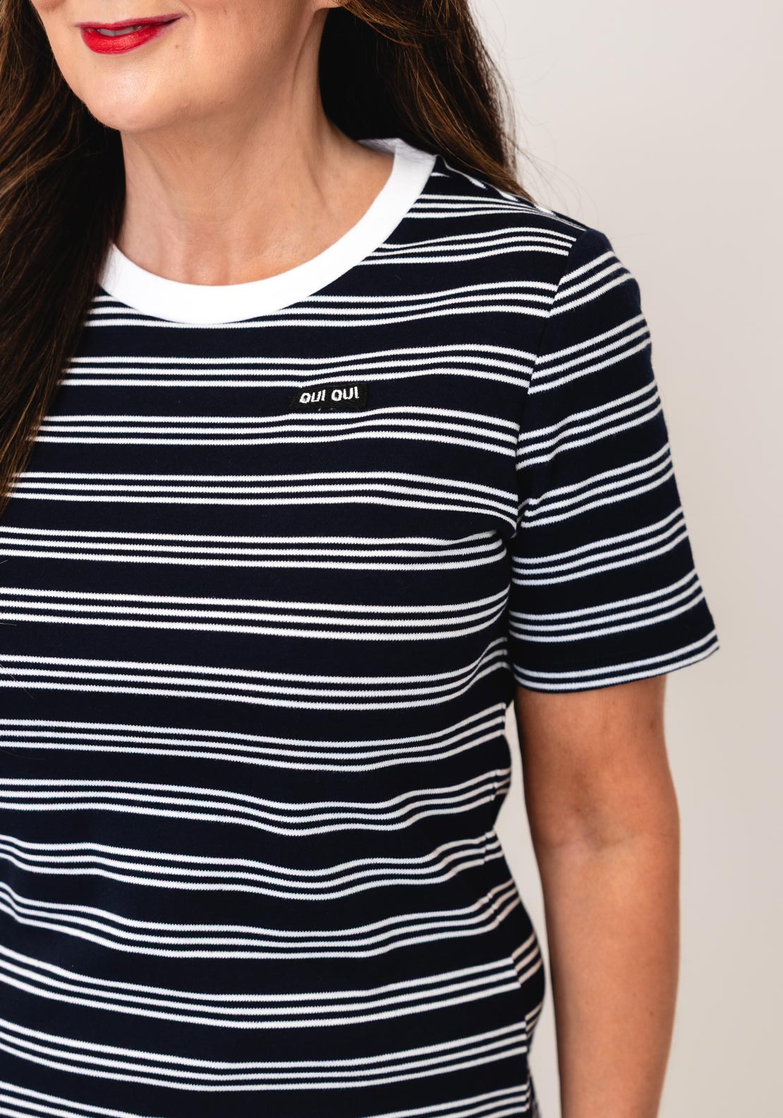 Oui Striped with Small Logo T-Shirt, Navy