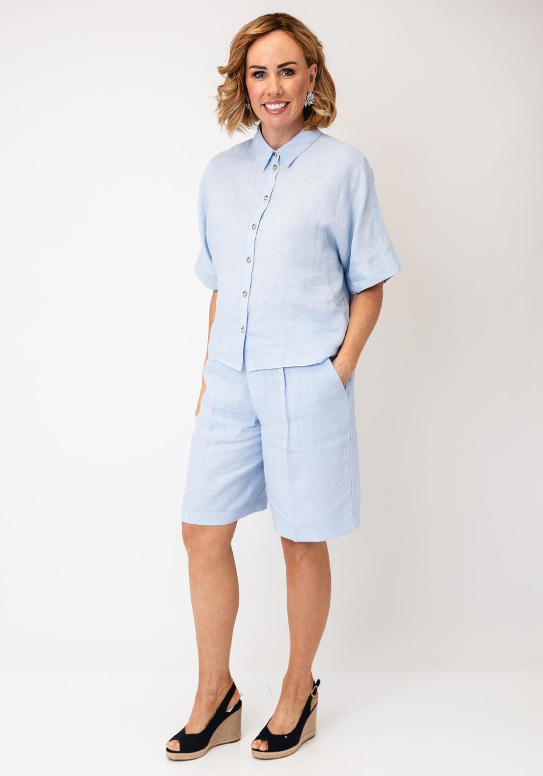 Oui Linen Button Down Shirt, Blue